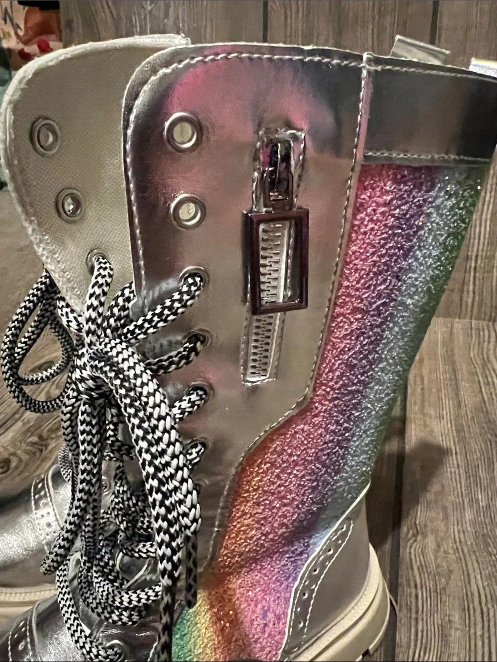 Source Unknown Silver Combat Boots with Rainbow Glitter Panel